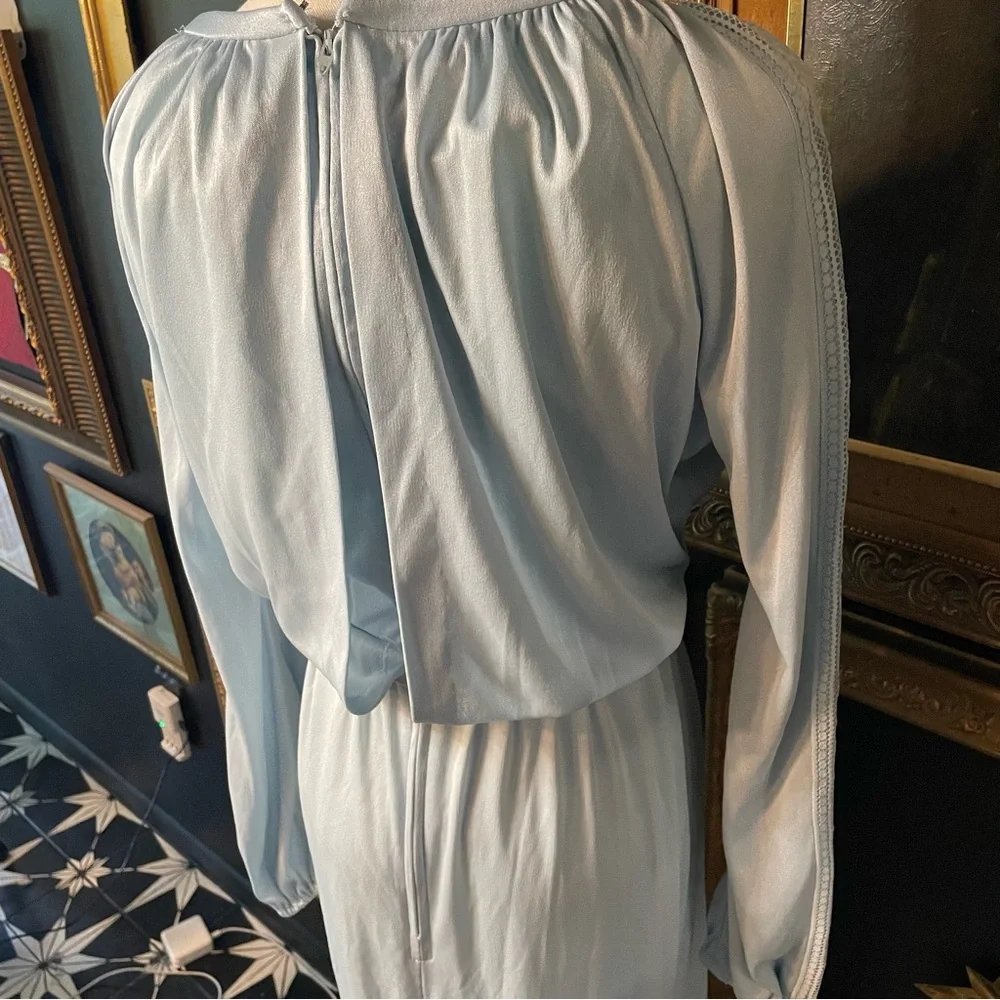 Vintage 70s Montgomery Ward Long Blue Dress with Lace S